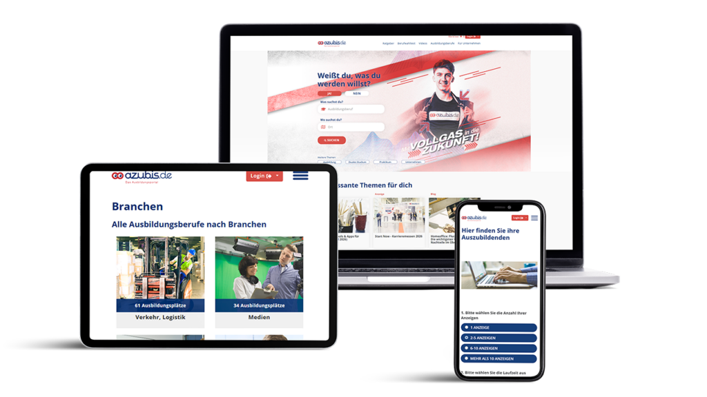 Jeweils ein Mockup eines Laptops, Tablet und Smartphones mit verschiedenen Screens der azubis.de Webseite.