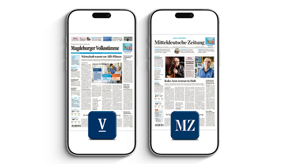 Smartphone-Mockup mit den E-Paper Zeitungen der "Magdeburger Volksstimme" und "Mitteldeutsche Zeitung"