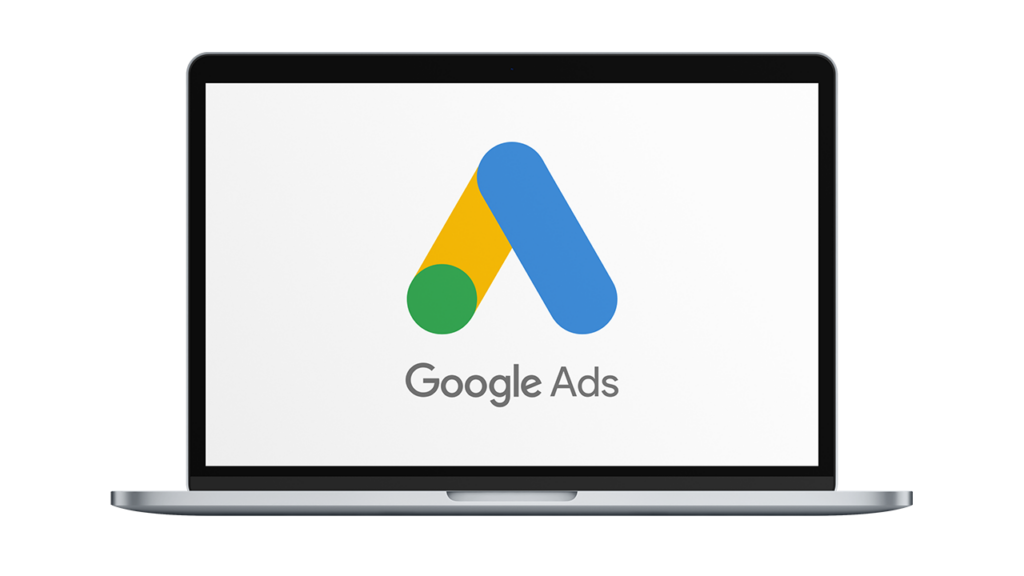 Laptop-Mockup mit weißem Display und dem Google Ads Logo.