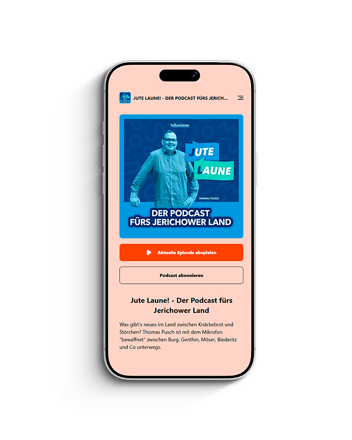 Mockup eines Smartphones, das die Podcast-Seite ‚JuteLaune‘ zeigt.