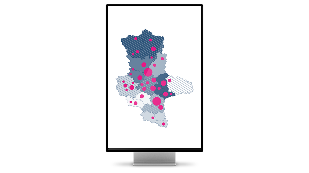 Monitor displaying a stylized map with blue shaded regions and pink data dots.