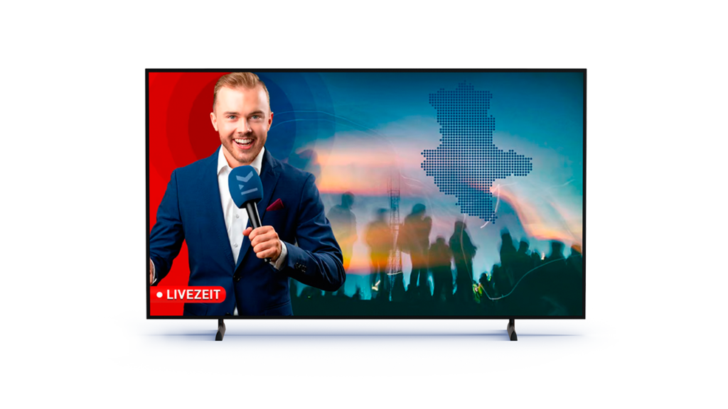 TV‑Mockup mit einer Übertragen von Livezeit mit Chris