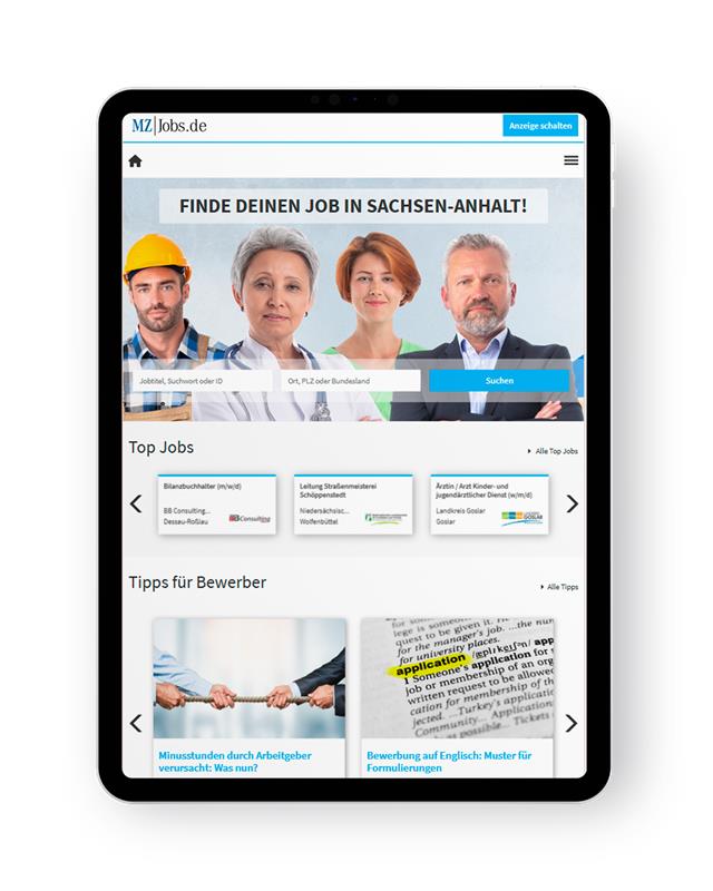 Ein Tablet-Mockup mit der mz-jobs.de Webseite
