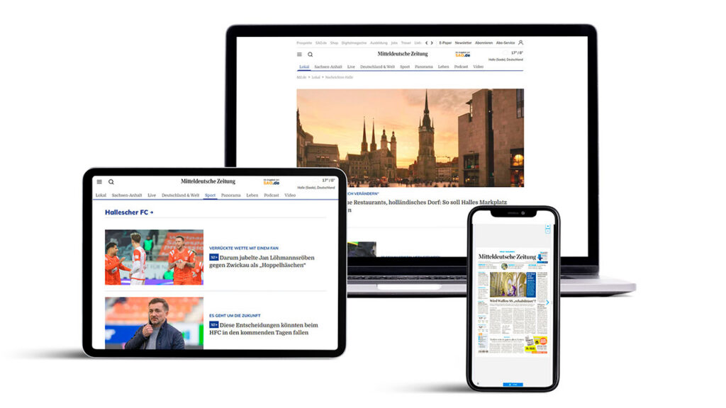 Multi‑device screenshot showing Mitteldeutsche Zeitung website on laptop, tablet and phone with news thumbnails and article headlines.