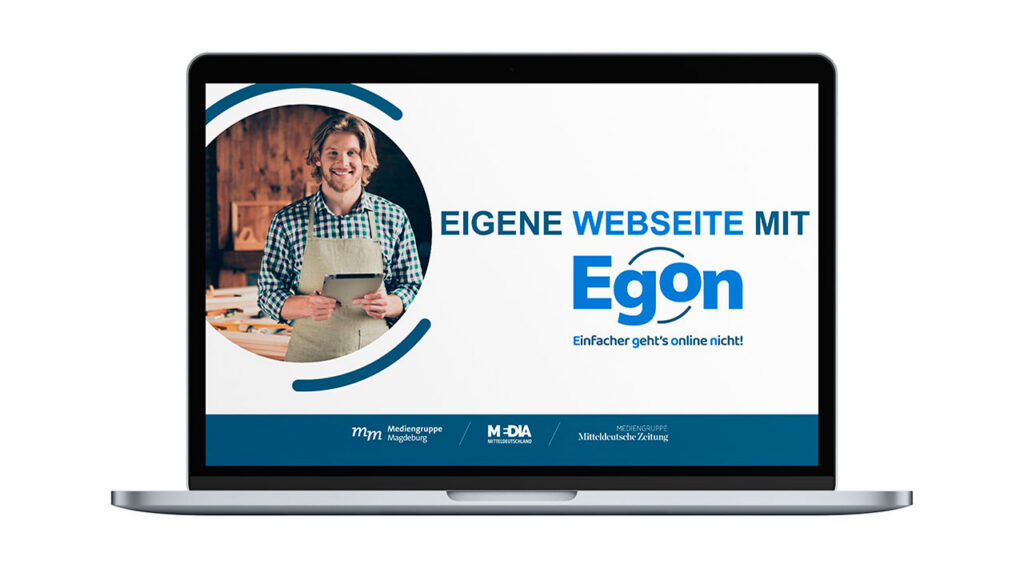Laptop-Mockup mit Egon‑Werbegrafik