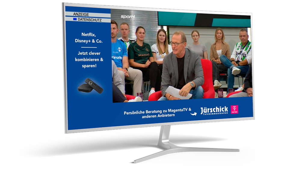 TV-Mockup mit einer Werbeeinblendung für Telekommuniaktion