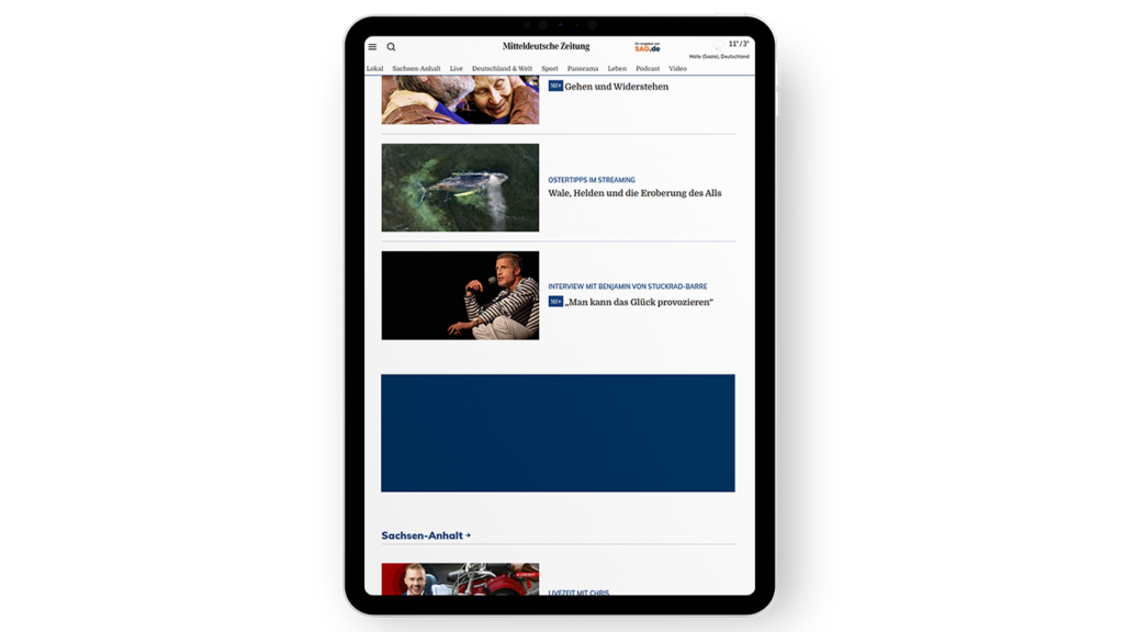 Tablet Mockup mit der Webseite der "Mitteldeutsche Zeitung" und einem eingezeichneten Bereich für eine Native Ad.