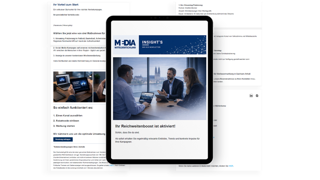 E-Mail Mockup auf einem Tablet mit dem Newsletter der MEDIA Mitteldeutschland.