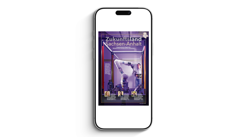 Smartphone-Mockup mit dem Prospekt "Zukunftsland Sachsen-Anhalt"