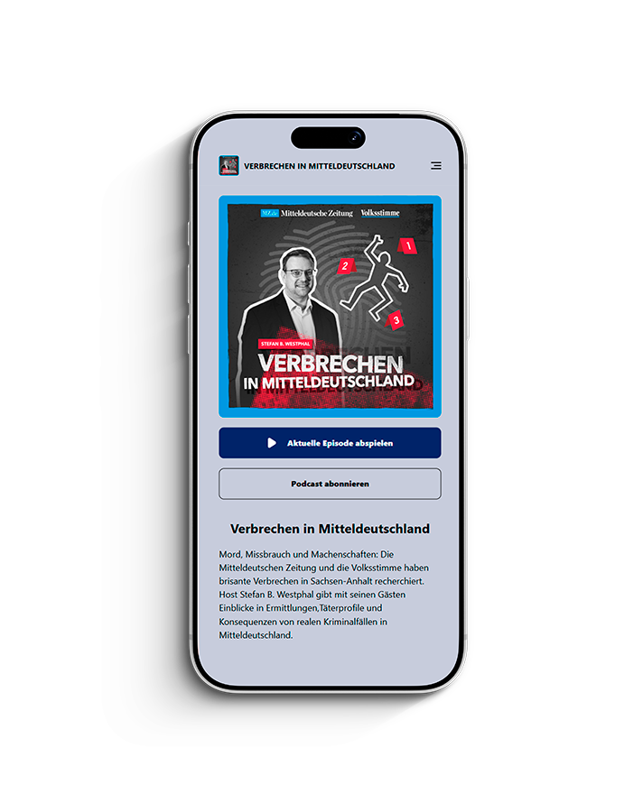 Mockup eines Smartphones, das die Podcast-Seite ‚Verbrechen in Mitteldeutschland‘ zeigt.