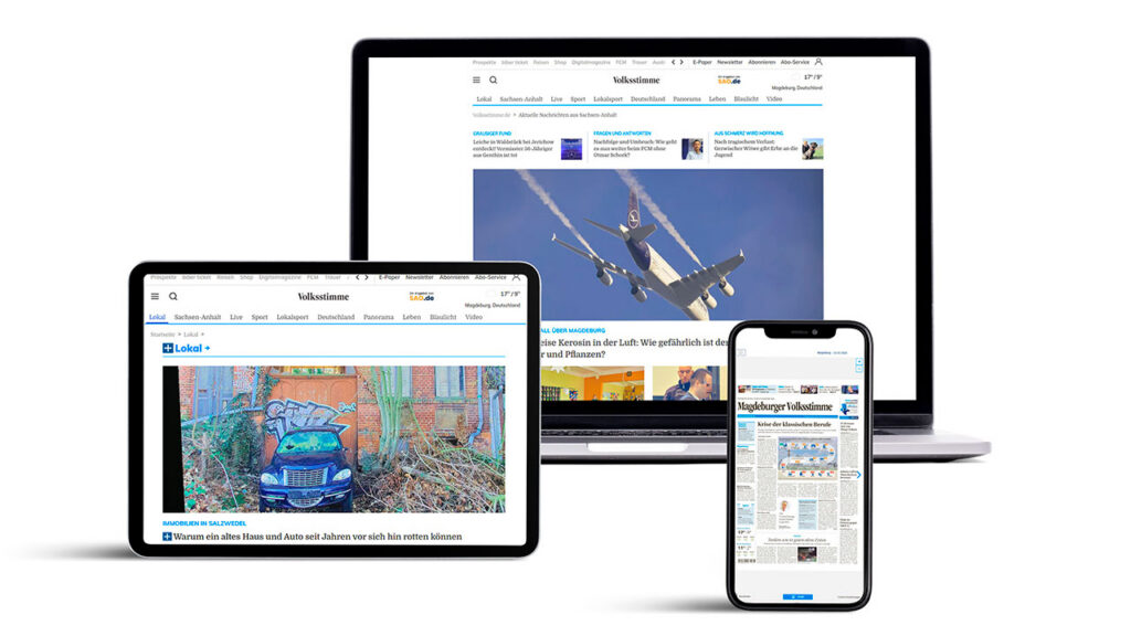 Jeweils ein Mockup eines Laptops, Tablet und Smartphones mit verschiedenen Screens der volksstimme.de Webseite.