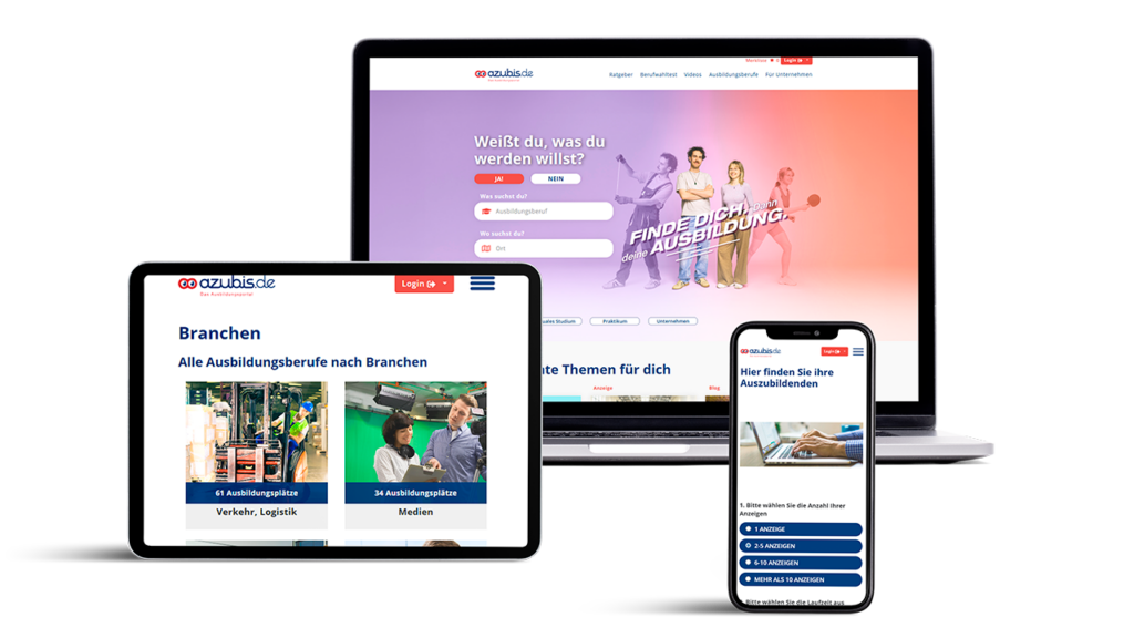 Responsive display of the azubis.de site across laptop, tablet and smartphone showing the Branchen section and training options.
