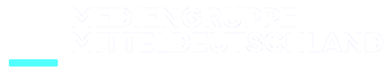 Logo for Medengruppe Mitteldeutschland, with a white geometric mark and a cyan bar on a black background.
