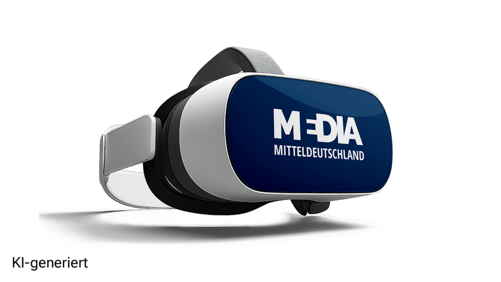 VR-Brille mit aufgedrucktem Logo „MEDIA Mitteldeutschland“ vor hellem Hintergrund. Dieses Bild wurde ganz oder teilweise mithilfe künstlicher Intelligenz erstellt. ©AdobeStock